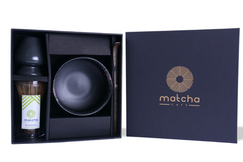 Matcha tea set in a Box with engraved Matcha Cafe Logo